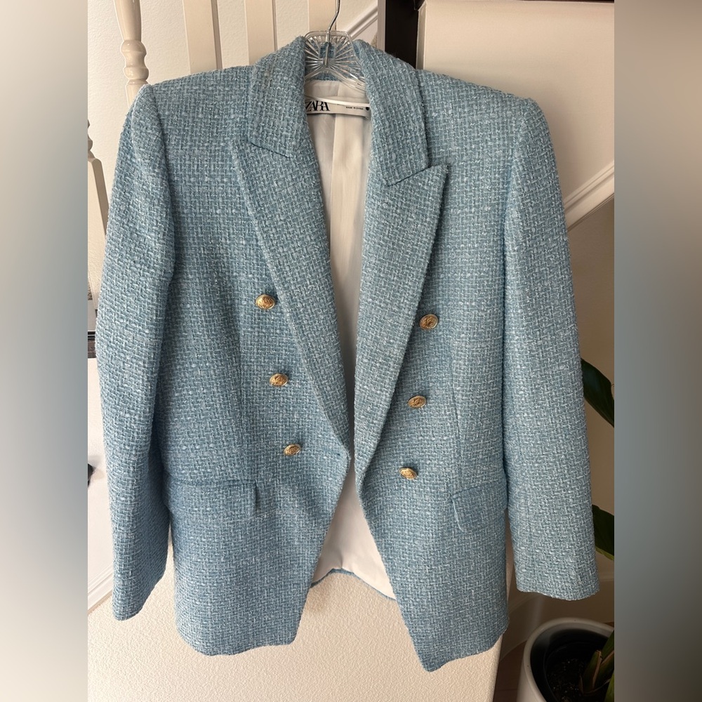 Zara Light Blue Tweed Jacket Size M